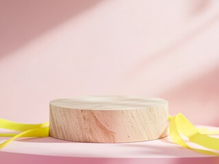 Aufkleber - Minimalist Wooden Podium with Neon Accents on Pastel Pink Background