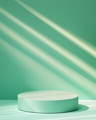Aufkleber - Minimalist Glossy Teal Podium on Dynamic Green Background with Light Beams – Modern Stock