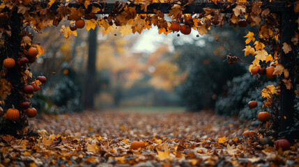 Wall Mural - Autumn leaves and gourds create a festive scene.