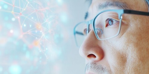 Poster - Focused Asian Male Scientist Analyzing AI Data on Large Screen at Night