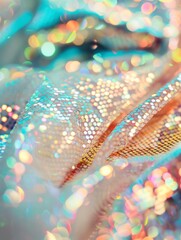 Aufkleber - Holographic Sequin Fabric Close-Up Dynamic Shimmering and Reflective Surface with Pastel Bokeh Effects