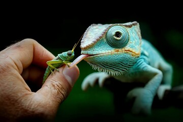 Wall Mural - A chameleon with a long tongue reaches out to catch a grasshopper held by a hand.