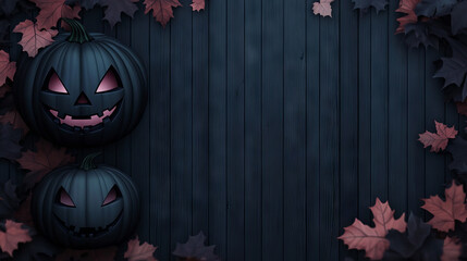 Two spooky black pumpkins with glowing eyes sit against a dark wooden background.