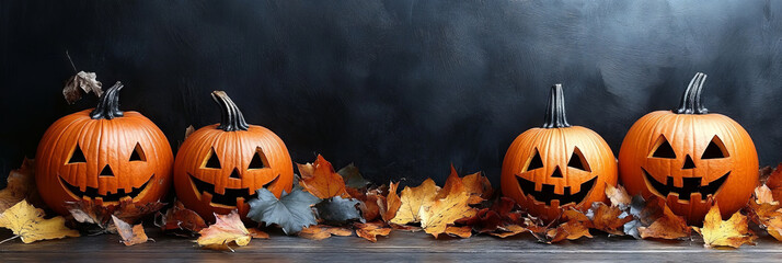 Wall Mural - Four jack-o'-lanterns with carved smiles surrounded by autumn leaves.