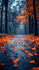 Wall Mural - A misty autumn path strewn with fallen leaves.