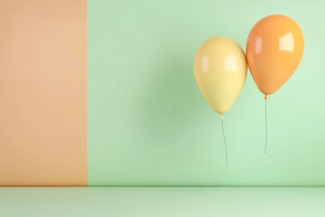 Minimalist Background with Light Orange, Green, and Yellow Balloons on Pastel Wall