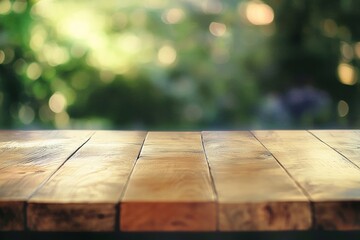 Aufkleber - Eco-Friendly Product Display on Light Brown Wooden Table with Warm Ambient Sunlight in a Peaceful Garden Setting, Low-Angle Minimalist Composition
