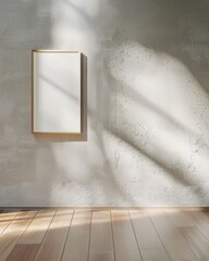 Canvas Print - Minimalist Mockup with Empty Frame on Organic Beige Concrete Wall and Wooden Floor in Soft Natural Light