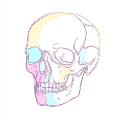 Poster - A minimalist illustration of a skull in soft pastel hues, showcasing a flat design style on a clean white background, perfect for artistic and educational use