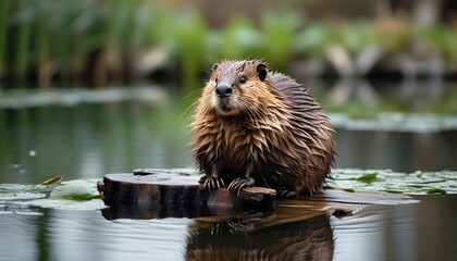 Wall Mural - Serene pond setting featuring a brown beaver resting on a log, capturing a tranquil moment in nature