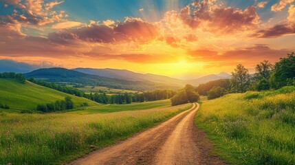 Wall Mural - Scenic Sunset Over Rolling Hills With a Winding Dirt Road