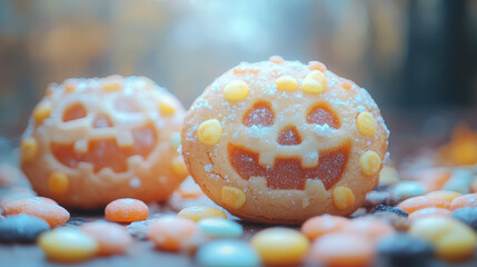 Poster - Cute Halloween pumpkin cookies with candy.