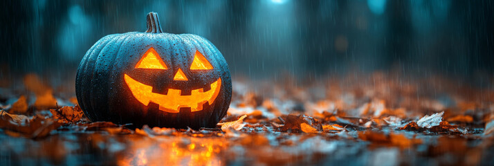 Canvas Print - Spooky Jack-o'-lantern in the rain.