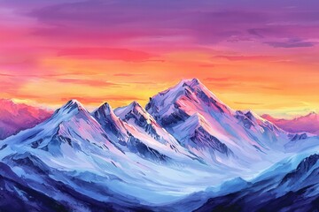 A stunning mountain landscape at sunset, showcasing vibrant colors and majestic peaks covered in snow, perfect for nature lovers.