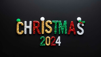 christmas 2024 word lettering made of colorful glitter shining effect on plain black background