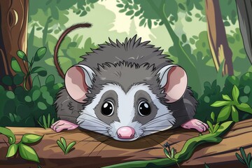 A cartoon drawing of a small gray and white mouse with a pink nose