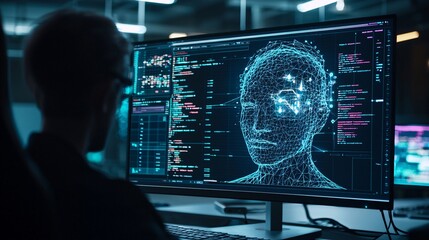 A futuristic workspace with an AI-powered design assistant helping a graphic designer create digital art, AI design assistant, future of creativity