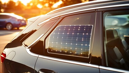 Wall Mural - Golden sunlight illuminating a car window featuring integrated solar panels at sunset