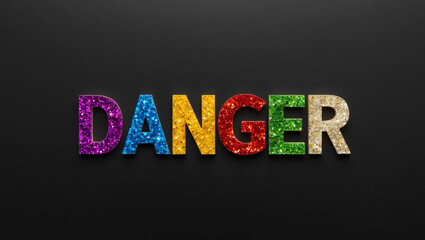 danger word lettering made of colorful glitter shining effect on plain black background