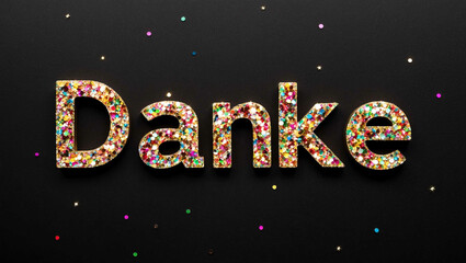 Wall Mural - danke word lettering made of colorful glitter shining effect on plain black background