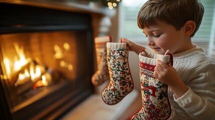 Wall Mural - Children hanging stockings in silence by a softly glowing fireplace, the firelight gently illuminating their faces, the room bathed in warm shadows,