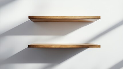 Wall Mural - Two wooden shelves mounted on a white wall with sunbeam shadows.