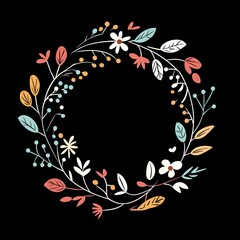 Wall Mural - decorative wreath showcases a delightful array of pastel-colored flowers and leaves against a contrasting black background, suitable for various crafts