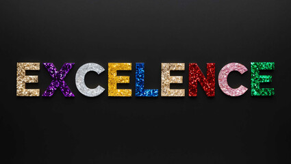 Wall Mural - excellence word lettering made of colorful glitter shining effect on plain black background