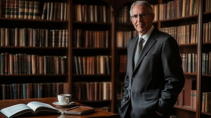 Fototapete - The professor stands confidently in formal attire, surrounded by shelves brimming with books in a scholarly setting. Generative AI