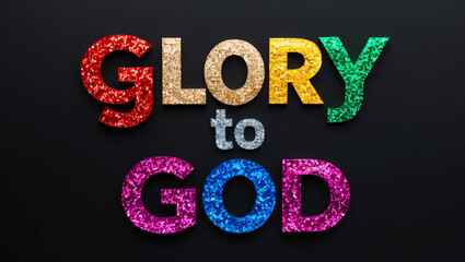 Wall Mural - Glory to God word lettering made of colorful glitter shining effect on plain black background