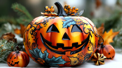 Wall Mural - Ornate Halloween pumpkin with a spooky grin.