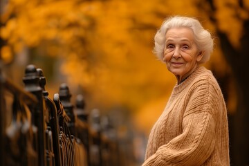 Poster - Happy elderly woman standing near a fence with blurred autumn foliage in the background.