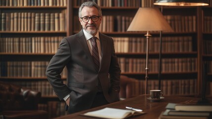Fototapete - A distinguished professor exudes confidence while standing in front of a vast bookshelf filled with various books in a library. Generative AI
