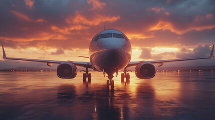 Airplane on runway at sunset.