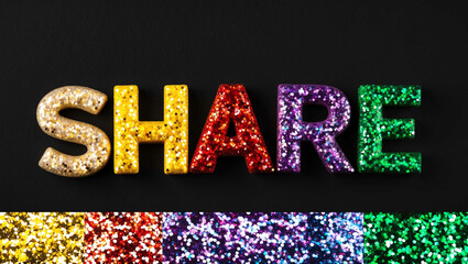 Sticker - Share word lettering made of colorful glitter shining effect on plain black background