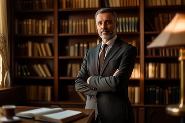 Fototapete - A distinguished professor poses confidently in a suit, surrounded by a wealth of books in a serene study filled with natural light. Generative AI