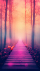 Poster - A wooden path leads through a foggy forest with a bright light at the end.