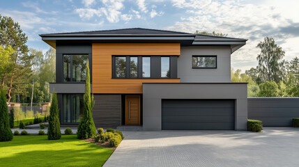 House with wooden elements on the dark facade. Exterior design.