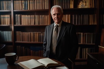 Fototapete - The professor, dressed in a suit, stands proudly beside an open book and a coffee cup, exuding knowledge and authority in a scholarly setting. Generative AI