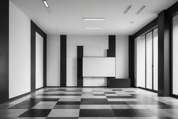 Wall Mural - A large room with a white wall and black and white checkered floor