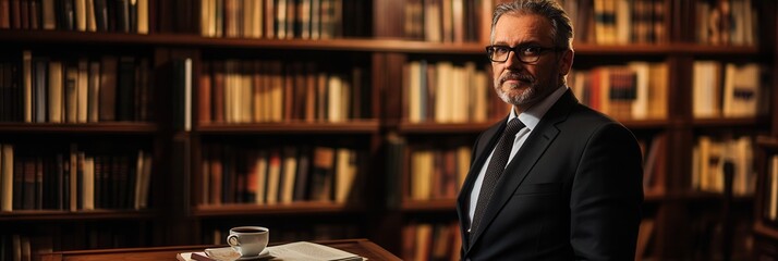 Poster - The professor stands with confidence in front of a bookshelf, exuding knowledge and sophistication in a classic academic setting. Generative AI