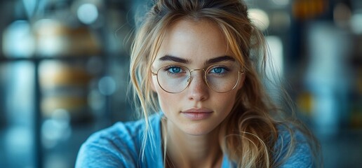 Poster - Close up portrait of a young woman with blue eyes and glasses looking at the camera.