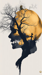 Poster - Spooky Halloween skull with a pumpkin head.