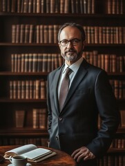 Aufkleber - The distinguished professor stands confidently in a suit, surrounded by an impressive collection of books in a scholarly atmosphere. Generative AI