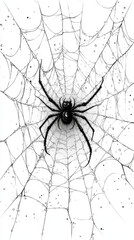 Sticker - Black spider in a web with water droplets.