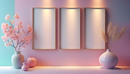 Canvas Print - Serene display of vacant frames gently lit against a pastel backdrop, showcasing the elegance of simplicity and creativity