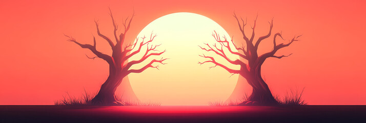 Wall Mural - Two bare trees frame a large, glowing sun.