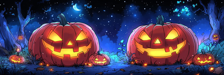 Canvas Print - Two jack-o'-lanterns glow brightly in a spooky forest setting.