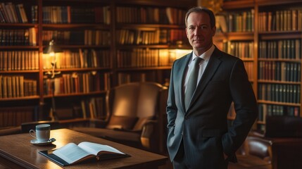 Fototapete - A distinguished professor poses in a suit, confidently standing in front of an extensive bookshelf filled with books and a coffee cup. Generative AI
