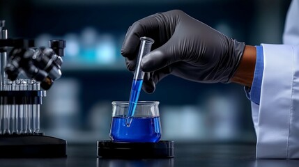 Precision and Discovery: A gloved hand carefully drips a vibrant blue liquid from a pipette into a beaker, highlighting the meticulous work of a scientist in a laboratory setting.  